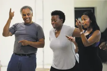  ?? Photos by Santiago Mejia / The Chronicle ?? Michael Gene Sullivan (left), Omoze Idehenre and Margo Hall rehearse their roles in “Black Odyssey,” which begins previews Wednesday, Aug. 9.