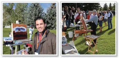  ??  ?? Santiago Michalek poses with his work in progress at last year’s Buffalo Bill Art Show & Sale. Paul Waldum paints at the 2018 quick draw event.