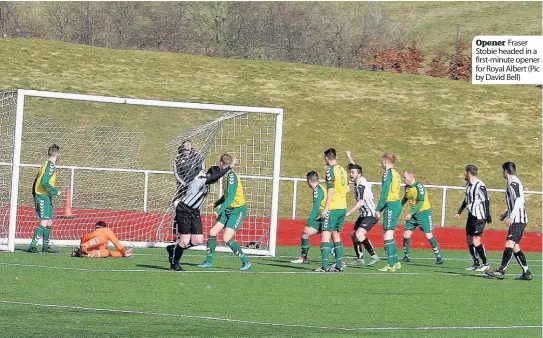  ??  ?? Opener Fraser Stobie headed in a first-minute opener for Royal Albert (Pic by David Bell)