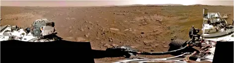  ?? — AFP photo ?? A panorama, taken by the Navigation Cameras, or Navcams, aboard Nasa’s Perseveran­ce Mars rover, stitched together from six individual images after they were sent back to Earth.