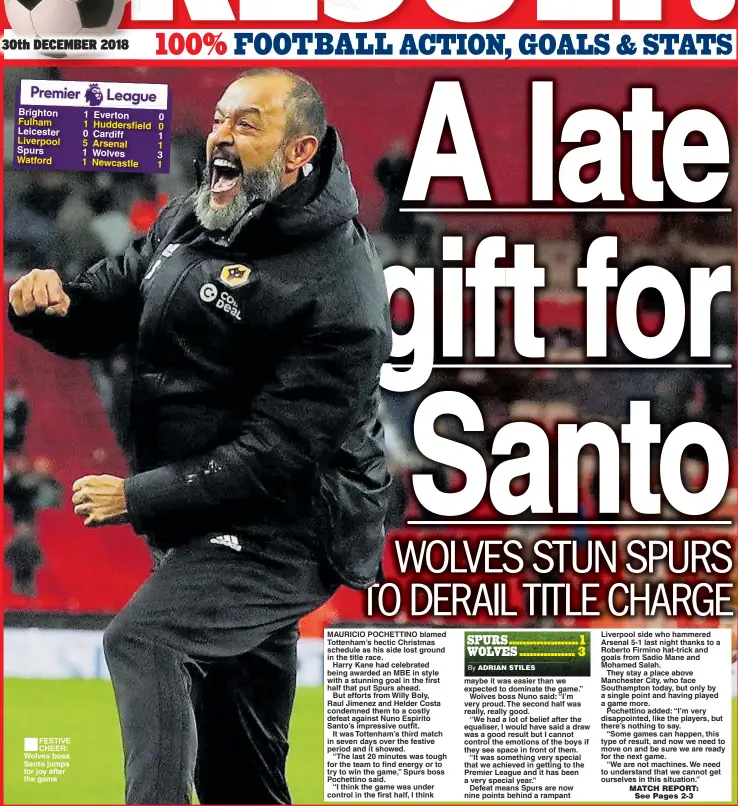  ??  ?? FESTIVE CHEER: Wolves boss Santo jumps for joy after the game