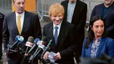  ?? JOHN MINCHILLO/ASSOCIATED PRESS ?? Recording artist Ed Sheeran spoke to the media outside New York Federal Court after winning his copyright infringeme­nt trial Thursday. A federal jury concluded that Sheeran didn’t steal key components of Marvin Gaye’s tune “Let’s Get It On” when he created his hit song “Thinking Out Loud.”