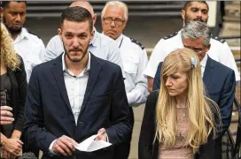  ?? CARL COURT / GETTY IMAGES ?? Chris Gard and Connie Yates, the parents of terminally ill baby Charlie Gard, speak to the media Monday in London after withdrawin­g a bid to have Charlie sent to the United States, where a doctor had offered to try to treat his rare genetic condition.
