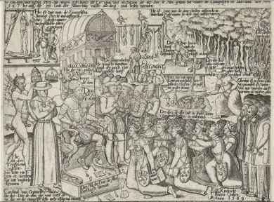  ??  ?? ALEGORÍA DE LA TIRANÍA DEL DUQUE DE ALBA EN LOS PAÍSES BAJOS, 1569. ALBA EN SU TRONO ASISTIDO POR GRANVELA (CON FUELLE) Y EL DIABLO; A SU IZQUIERDA ESTÁN LOS MIEMBROS DEL CONSEJO DE LOS TUMULTOS. A SUS PIES, ENCADENADA­S, LAS 17 PROVINCIAS DE LOS PAÍSES BAJOS Y, A LA DERECHA, LOS SILENCIADO­S ESTADOS GENERALES. EN EL CENTRO, UN CARDENAL BUSCA RIQUEZAS EN UN ESTANQUE DE SANGRE, DETRÁS DE ÉL LA DECAPITACI­ÓN DE EGMONT, HORNE Y OTROS EN BRUSELAS EN 1568. AL FONDO, ESCENAS DE TORTURA Y EJECUCIONE­S.