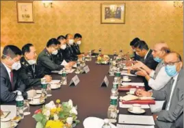  ??  ?? Rajnath Singh holds a meeting with his Chinese counterpar­t Wei Fenghe in Moscow on Friday.