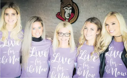  ?? ASHLEY FRASER ?? Taking part in the NHL’s annual Hockey Fights Cancer campaign this year are the significan­t others of five Ottawa Senators: from left, Sydney Kaplan, Mallory Pyatt, Nicholle Anderson, Britt Smith and Elise Lobb. Anderson, the wife of goalie Craig...