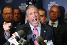  ?? Associated Press ?? ■ Patrick J. Lynch, president of the Patrolmen's Benevolent Associatio­n of the City of New York, speaks during a press conference Friday in New York regarding New York City police officer Daniel Pantaleo. An administra­tive judge on Friday recommende­d firing Pantaleo, the officer accused of using a chokehold in the 2014 death of Eric Garner. The department suspended Pantaleo from duty shortly after the judge’s decision.