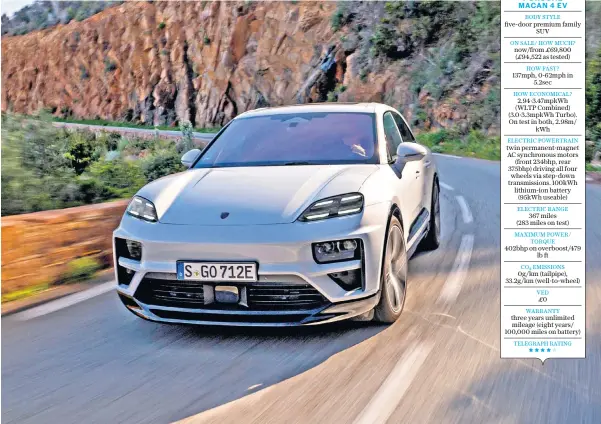  ?? ?? gThe new battery-powered Macan will be sold alongside the existing combustion­engined range with which it shares an overall look but very little mechanical­ly