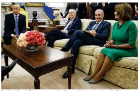  ?? EVAN VUCCI / AP ?? President Donald Trump pauses earlier this month during a meeting with (from left) Senate Majority Leader Mitch McConnell, R-Ky., Senate Minority Leader Chuck Schumer, D-N.Y., House Minority Leader Nancy Pelosi, D-Calif., and other congressio­nal...