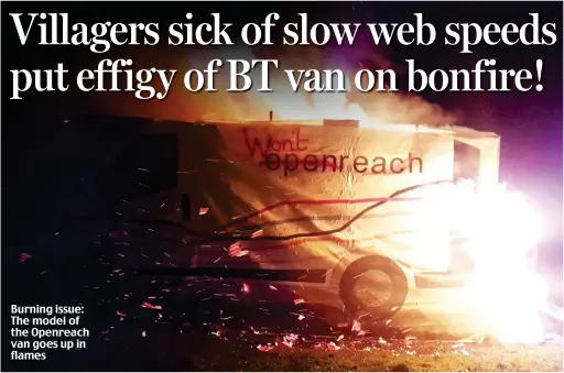  ??  ?? Burning issue: The model of the Openreach van goes up in flames