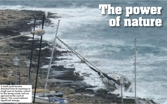  ??  ?? A small yacht became detached from its moorings in rough seas on Sunday, caused by the strong winds, and ran aground on the coast of Qawra. The vessel suffered significan­t damage.