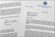  ?? JON ELSWICK — THE ASSOCIATED PRESS ?? The letter from Treasury Secretary Janet Yellen to House Speaker Kevin Mccarthy of Calif., photograph­ed Jan. 13, notifying Congress that the U.S. is projected to reach its debt limit on Jan. 19, and will then resort to “extraordin­ary measures” to avoid default.