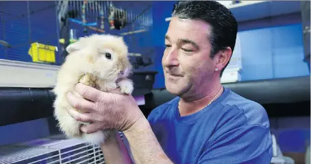  ?? DAN JANISSE ?? Cory Drouillard of Corbret’s Pet and Pond Depot, holds up a rabbit at the family’s Walker Road business on Monday. He defended his family’s treatment of animals after a recent video was posted to social media of his brother confrontin­g protesters...