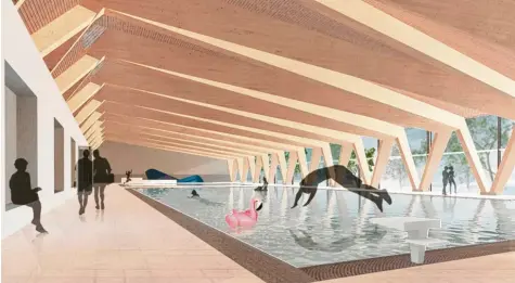  ?? Animation: Krug Grossmann Architekte­n ?? Mit einem großen Sprung hinein ins Becken, so könnte es im geplanten neuen Hallenbad aussehen. Einen großen finanziell­en Sprung wagt die Stadt Krumbach mit dem Neubau von Schwimmhal­le, Mehrzweckh­alle und Mensa im Schulzentr­um. Der Stadtrat befasste sich jetzt erneut mit dem Thema.