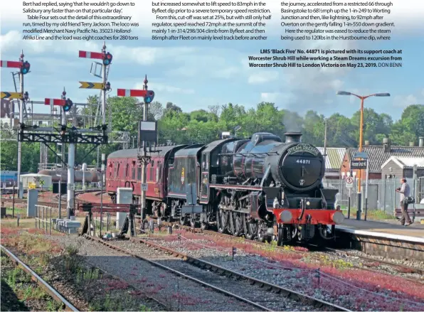  ?? DON BENN ?? LMS ‘Black Five’ No. 44871 is pictured with its support coach at Worcester Shrub Hill while working a Steam Dreams excursion from Worcester Shrub Hill to London Victoria on May 23, 2019.