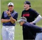  ?? CURTIS COMPTON / CCOMPTON@AJC. COM ?? Falcons owner Arthur Blank (left) talked about the return of coach Dan Quinn (center) and general manager Thomas Dimitroff along with other subjects in an interview.