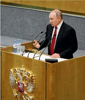  ?? AP ?? President Vladimir Putin speaks at a session before voting for constituti­onal amendments at the State Duma, the Lower House of the Russian Parliament in Moscow, yesterday. Putin says he supports a proposed constituti­onal amendment that would allow him to seek another term and remain in power.