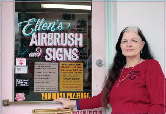  ?? Caitlan Butler / News-Times ?? A Decade: Ellen McKnight is celebratin­g 10 years of entreprene­urship at Ellen’s Airbrush this month. Below, Ellen McKnight’s airbrush manifold includes six airbrushes and about 25 different colors. Above her paint station, Ellen McKnight has a wall of inspiratio­n and notes.