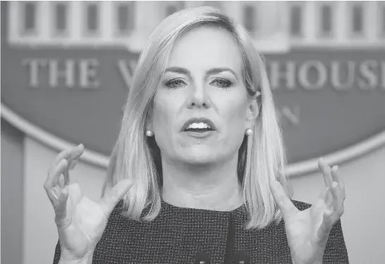  ?? PABLO MARTINEZ MONSIVAIS / THE ASSOCIATED PRESS ?? Homeland Security Secretary Kirstjen Nielsen speaks to the media during the daily briefing at the White House on Monday.