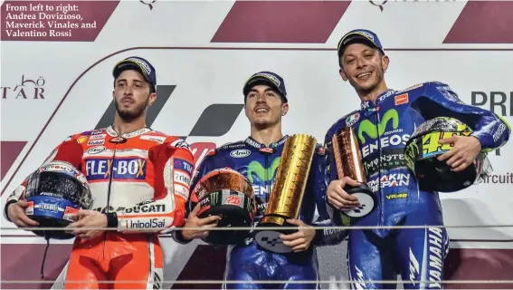  ??  ?? From left to right: Andrea Dovizioso, Maverick Vinales and Valentino Rossi