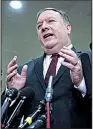  ?? The New York Times/SARAH SILBIGER ?? Secretary of State Mike Pompeo speaks to reporters Wednesday after he and Defense Secretary James Mattis briefed senators on Saudi Arabia in a closed session.