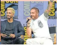  ?? PHOTO: KEVIN WINTER/GETTY IMAGES/AFP ?? LR: Riz Ahmed and Tom Hardy, who star in the upcoming SpiderMan spinoff, Venom. Ahmed’s role as the villain, Riot, to Hardy’s titular protagonis­t, was finally revealed