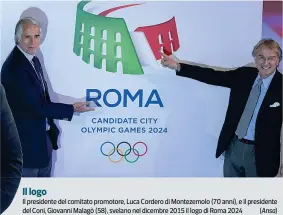  ??  ?? Il logo
Il presidente del comitato promotore, Luca Cordero di Montezemol­o (70 anni), e il presidente del Coni, Giovanni Malagò (58), svelano nel dicembre 2015 il logo di Roma 2024 (Ansa)