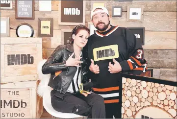  ??  ?? Actress/director Stewart of ‘Come Swim’ and actor Kevin Smith attend The IMDb Studio featuring the Filmmaker Discovery Lounge, presented by Amazon Video Direct: Day One during The 2017 Sundance Film Festival on Friday in Park City, Utah. — AFP photo