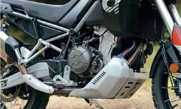  ?? ?? ABOVE: With a generous 240mm of suspension travel at each end, and 21-inch front/18-inch rear wheel diameters, there’s no doubting the bike’s off-road intent