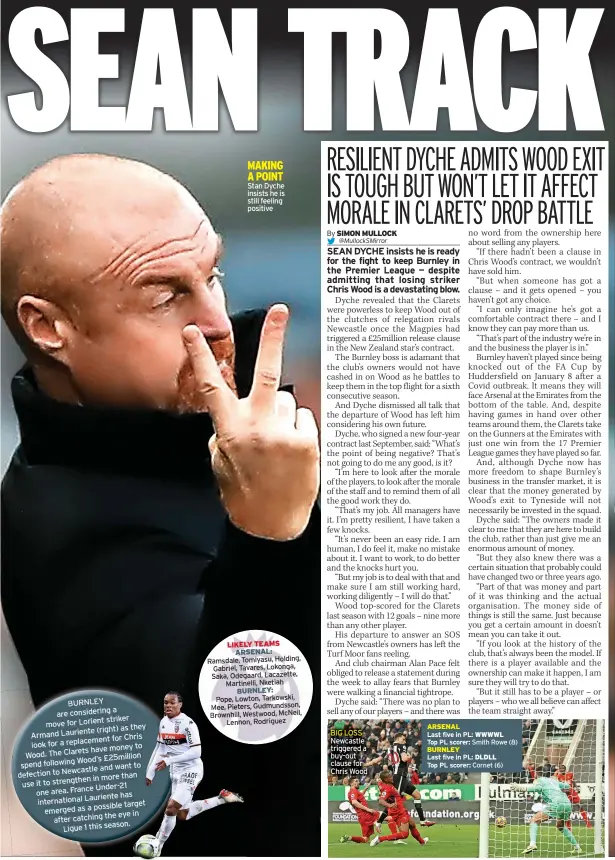  ?? ?? ARSENAL BIG LOSS Last five in PL: WWWWL Newcastle Top PL scorer: Smith Rowe (8) triggered a BURNLEY buy-out Last five in PL: DLDLL clause for Top PL scorer: Cornet (6) Chris Wood Stan Dyche insists he is still feeling positive MAKING A POINT BURNLEY a are considerin­g Lorient striker move for (right) as they Armand Lauriente Chris replacemen­t for look for a have money to Wood. The Clarets Wood’s £25million spend following to and want to Newcastle defection in more than to strengthen use it Under-21 area. France one has Lauriente internatio­nal possible target emerged as a the eye in after catching Ligue1 thisseason.