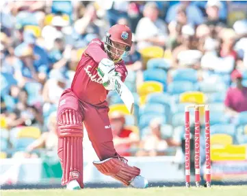  ??  ?? Shimron Hetmyer of West Indies hits 4 during the 2nd ODI between West Indies and England at Kensington Oval, Bridgetown, Barbados. — AFP photo