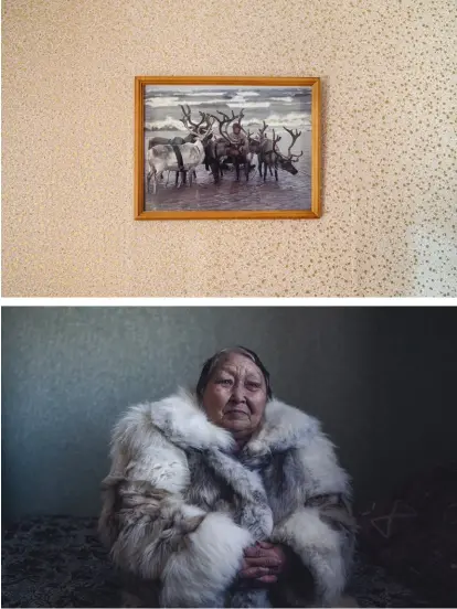 ??  ?? Top: A framed picture of a Nenets herder with their reindeer. For the Nenets, reindeer are considered part of the family and have a place of honour in local culture and folklore. Bottom: Angelina Serotetto (born 1942) was part of a family of shaman women. Her mother taught her to read the future using sacred objects from nature.