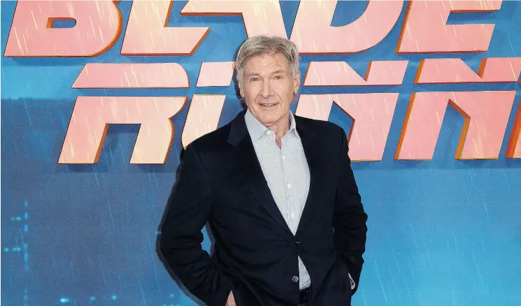  ?? JOEL RYAN / INVISION / THE ASSOCIATED PRESS ?? Actor Harrison Ford says he hopes that people will choose to see Blade Runner 2049 on a big screen, to enjoy the experience of discoverin­g it as a group.