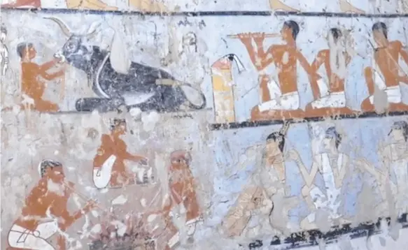  ?? Picture: AP ?? This image taken from video shows wall paintings inside a 4400-year-old tomb near the pyramids outside Cairo.