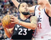  ?? CANADIAN PRESS FILE PHOTO ?? Fred VanVleet, guarded by the Wizards’ Davis Bertans last month, is expected to return from a hamstring injury this weekend.