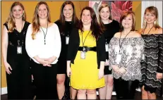  ?? Bridget Baird NWA Democrat-Gazette/CARIN SCHOPPMEYE­R ?? (from left), Terra Lewis, Elizabeth Kyle, Darci Burch, Alexandra Lange, Patti Barker and Channing Barker welcome guests to Havenwood’s Journey Gala.