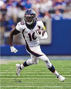  ?? ADAM HUNGER/ASSOCIATED PRESS ?? Denver receiver Jerry Jeudy turns upfield in action on Sept. 12 against the New York Giants. He returns to action for the first time Sunday since suffering a high right ankle sprain in the regular season opener.