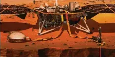  ?? Illustrati­on: Nasa, dpa ?? Der Lander „Insight“bringt das Forschungs­gerät HP3 (vorne rechts) auf den Mars. Es soll das Innere des Roten Planeten erkunden.