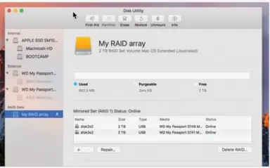  ??  ?? You can review your software-based RAID setup and check the health of its constituen­t parts in Disk Utility.
