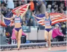  ?? DAVID J. PHILLIP/ASSOCIATED PRESS ?? Emma Coburn, left, and Courtney Frerichs celebrate after becoming the first two U.S. women to earn a medal in the steeplecha­se at the world championsh­ips.