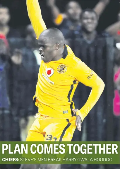  ?? Picture: Gallo Images ?? Kaizer Chiefs’ Willard Katsande celebrates after scoring in their 2-1 win over over Maritzburg United in the Absa Premiershi­p at Harry Gwala Stadium on Saturday night.