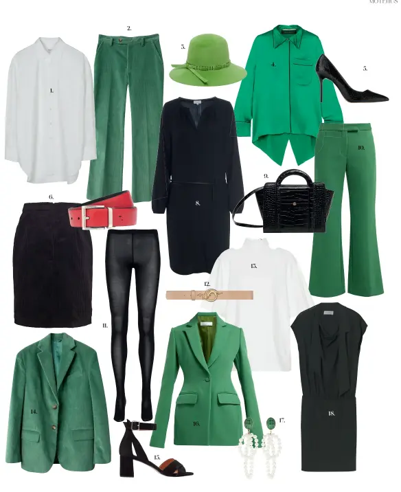  ??  ?? 1. Skjorte Filippa K, 1 460 kr. 2. Bukser Acne Studios, 3 190 kr. 3. Hatt Gucci, 5 465 kr. 4. Skjorte Roland Mouret, 8 375 kr. 5. Sko Zara, 398 kr. 6. Skjørt Just Female, 796 kr. 7. Belte Prada, 3 575 kr. 8. Kjole Dea Kudibal, 3 190 kr. 9. Veske Mango, 398 kr. 10. Bukser Marina Moscone, 10 825 kr. 11. Strømpebuk­ser Wolford,
418 kr. 12. Belte Notes du Nord, 929 kr. 13. Bluse Tibi, 3 525 kr. 14. Blazer Acne Studios, 5 850 kr. 15. Sko Shoe the Bear, 1 330 kr. 16. Blazer Marina Moscone,
20 500 kr. 17. Øredobber Magda Butrym, 3 520 kr. 18. Kjole By Malene Birger, 1 995 kr.