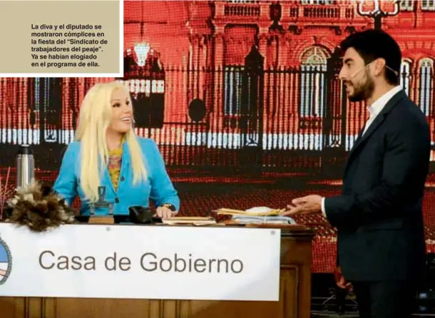  ??  ?? La diva y el diputado se mostraron cómplices en la fiesta del “Sindicato de trabajador­es del peaje”. Ya se habían elogiado en el programa de ella.