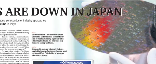  ?? In-house and the rest. ?? RIGHT
A technician holds a 300-millimetre silicon wafer at the Globalfoun­dries semiconduc­tor plant in Dresden, Germany. Japan has fallen behind its global rivals at a timewhen chip demand is soaring worldwide.
BELOW
Chips used in cars and industrial robotsare supplied by Renesas Electronic­sofJapan, which fabricates 60% to 70% of chips subcontrac­ts