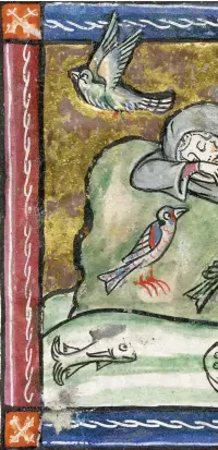  ??  ?? A man sleeps under the stars – far from the comfort of his own bed – in an illustrati­on from a 14th-century manuscript