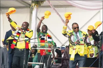  ??  ?? Vice President Chiwenga flanked by ZANU-PF Youth League secretary for Administra­tion Tendai Chirau (second from left), youth league political commissar Godfrey Tsenengamu during the Youth League Convention