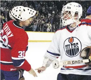  ??  ?? In Year 2 of the Oilers’ NHL existence, rookie goaltender Andy Moog helped backstop the club to an upset of the storied Montreal Canadiens.