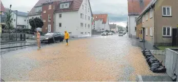  ?? FOTO: PRIVAT ?? Flächig überflutet wird die Lange Straße in Laupheim. Sandsäcke schützen die Garagenein­fahrt.