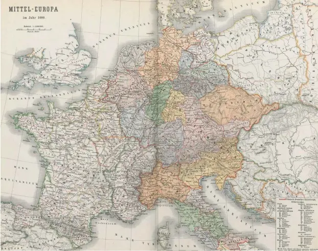  ?? Aus: Wolff, Carl: Historisch­er Atlas. Verlag von Dietrich Reimer. Berlin, 1877 ?? Jeder nur ein Volk! Mitteleuro­pa im Jahr 1000