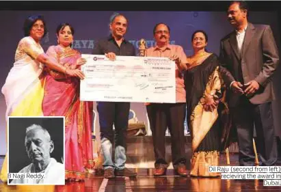  ?? Photos supplied ?? B Nagi Reddy. Dil Raju (second from left) recieving the award in Dubai,